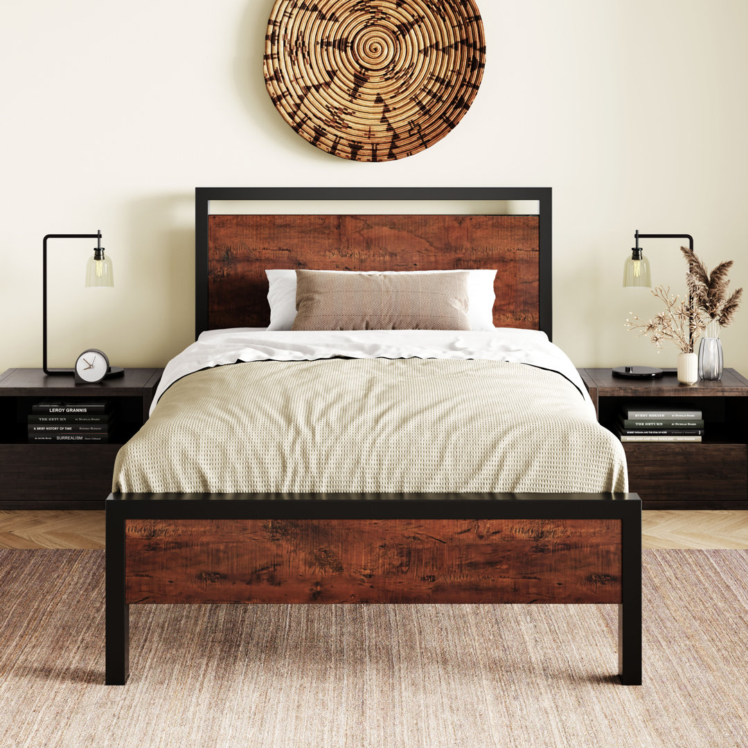Metal Frame Platform Bed with Wood Headboard